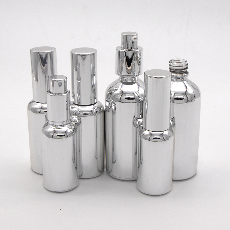Low MOQ 30ml 50ml 100ml beautiful Silver color glass bottles with spray and lotion pump