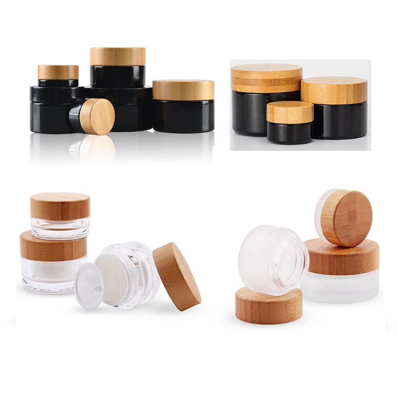Low MOQ 50g Transparent Matte Glass Face Cream Jar With Bamboo Lid Cylinder Airtight Cosmetic Packaging Jar//