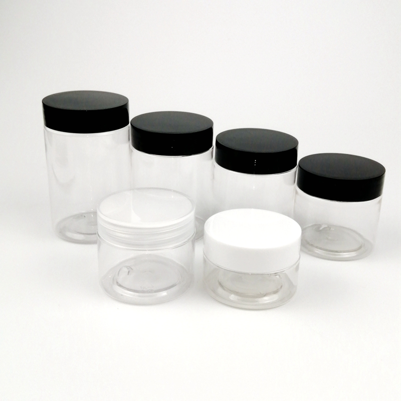 Low MOQ Small cosmetic jar 40ml 50ml 80ml 1oz 30ml 2oz 60ml Clear PET Plastic eye cream jar with aluminum or PP screw top cap