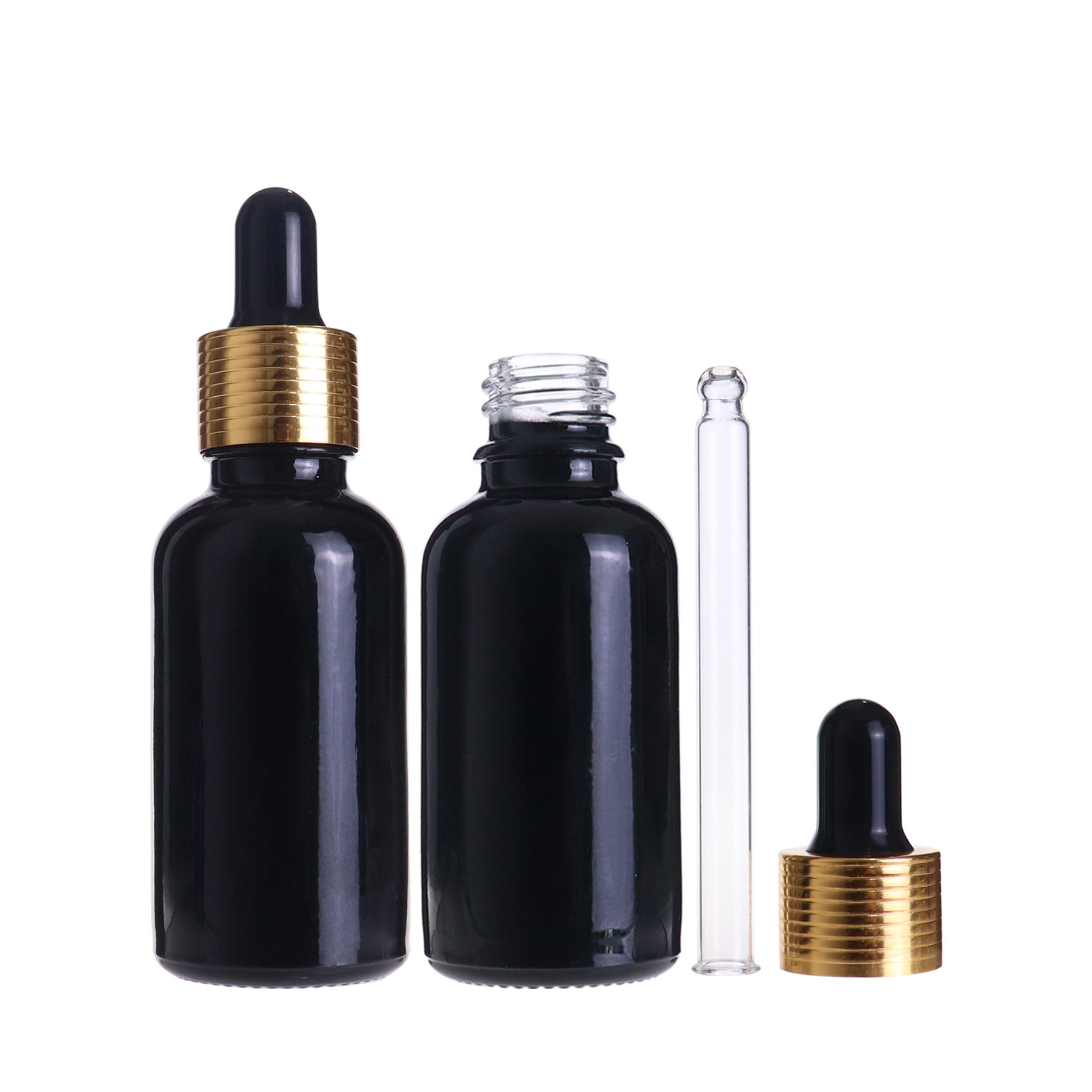 Low MOQ black essential oil serum 30 ml glass dropper bottle with golden top cap