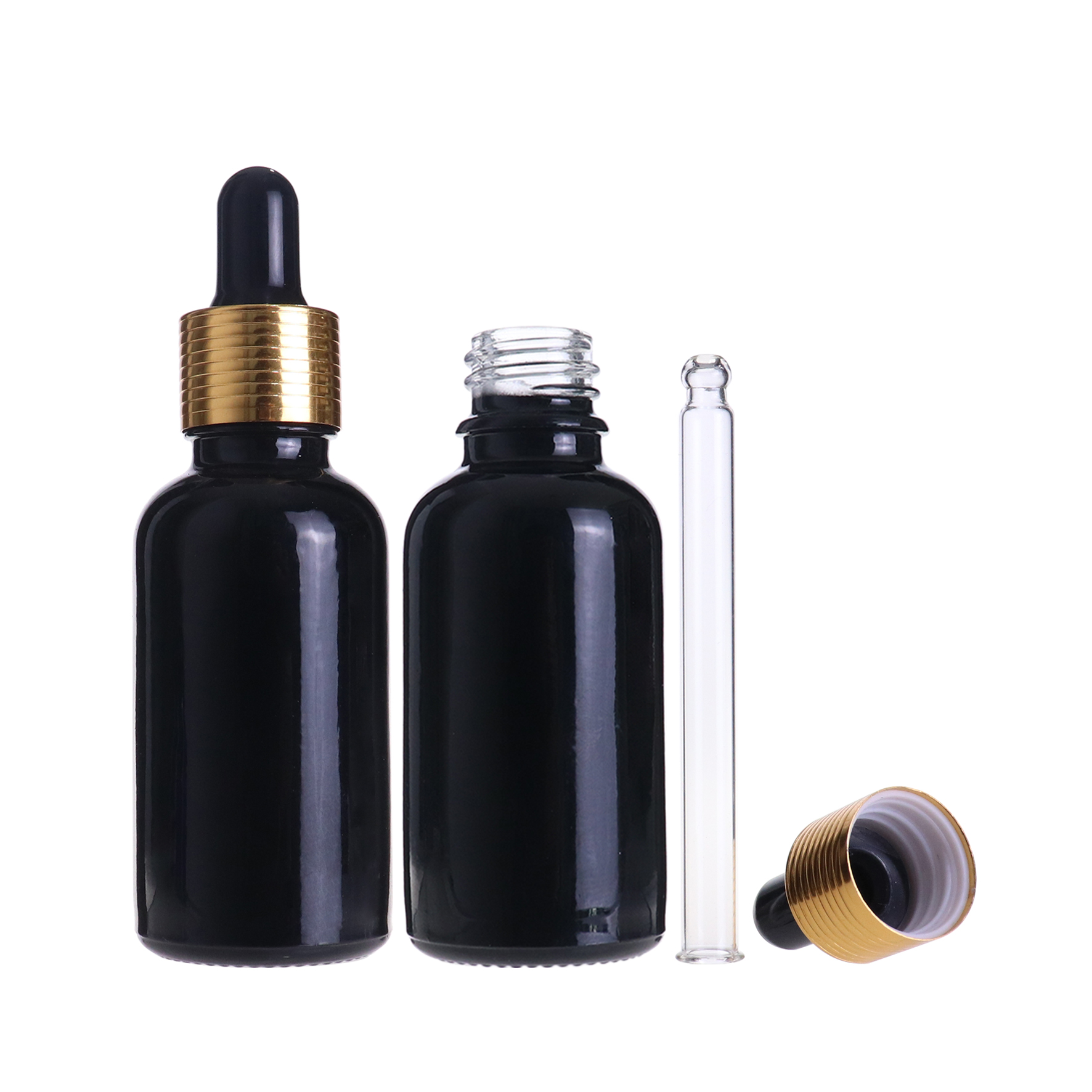 Low MOQ black essential oil serum 30 ml glass dropper bottle with golden top cap