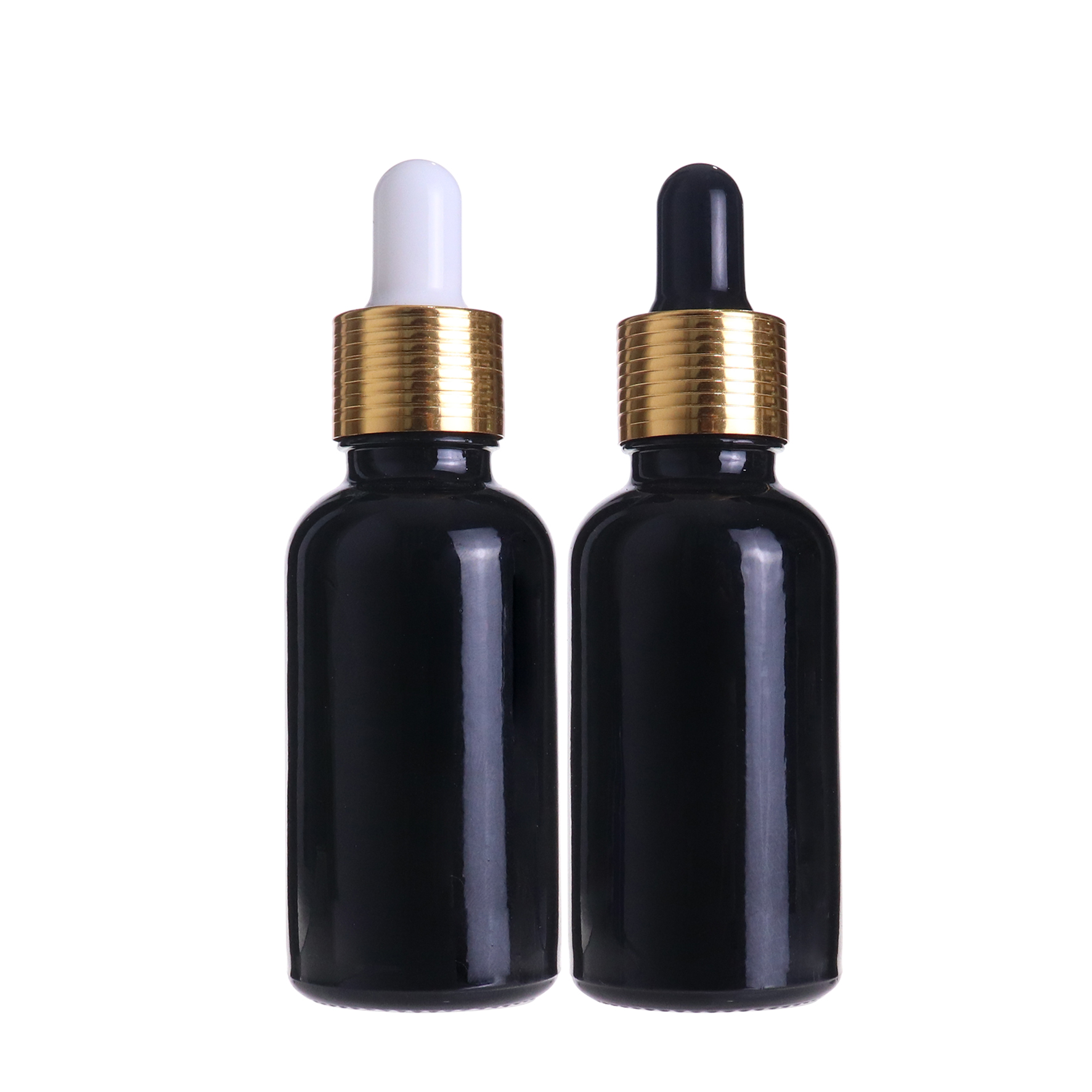 Low MOQ black essential oil serum 30 ml glass dropper bottle with golden top cap