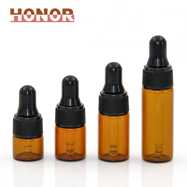 Low MOQ glass 1ml 2ml 3ml 5ml essential oil dropper bottle amber glass small vials customizable with black white dropper