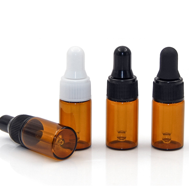 Low MOQ glass 1ml 2ml 3ml 5ml essential oil dropper bottle amber glass small vials customizable with black white dropper