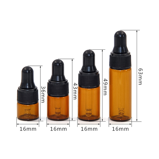 Low MOQ glass 1ml 2ml 3ml 5ml essential oil dropper bottle amber glass small vials customizable with black white dropper