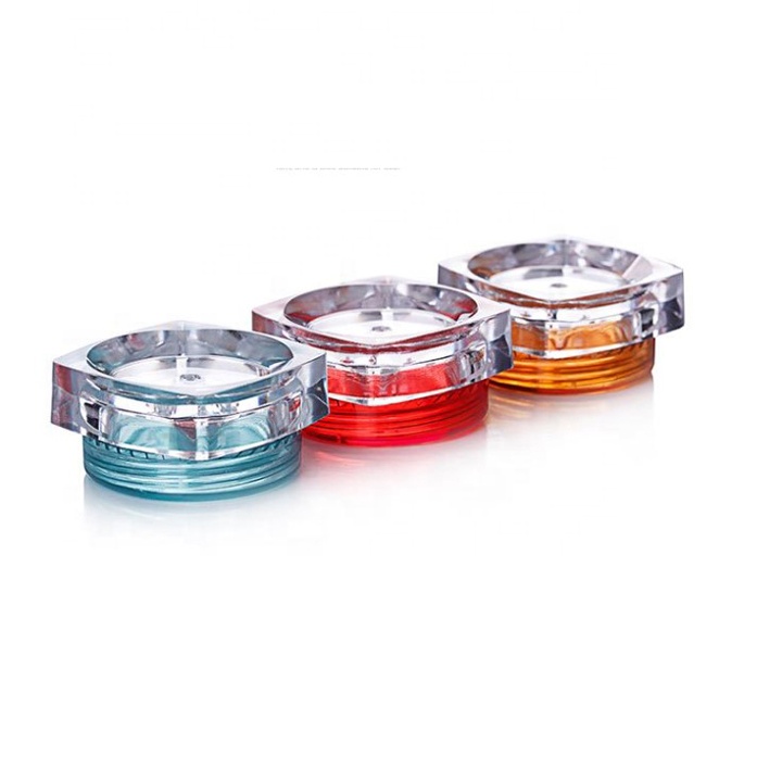 Low MOQ plastic empty cosmetic 3ml 3 ml 5 ml 5ml 10grams 10ml 10 ml clear transparent small square jar with colored lid