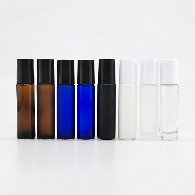 Low MOQ roll on bottles 10ml black amber blue clear roller bottle with stainless steel roller ball