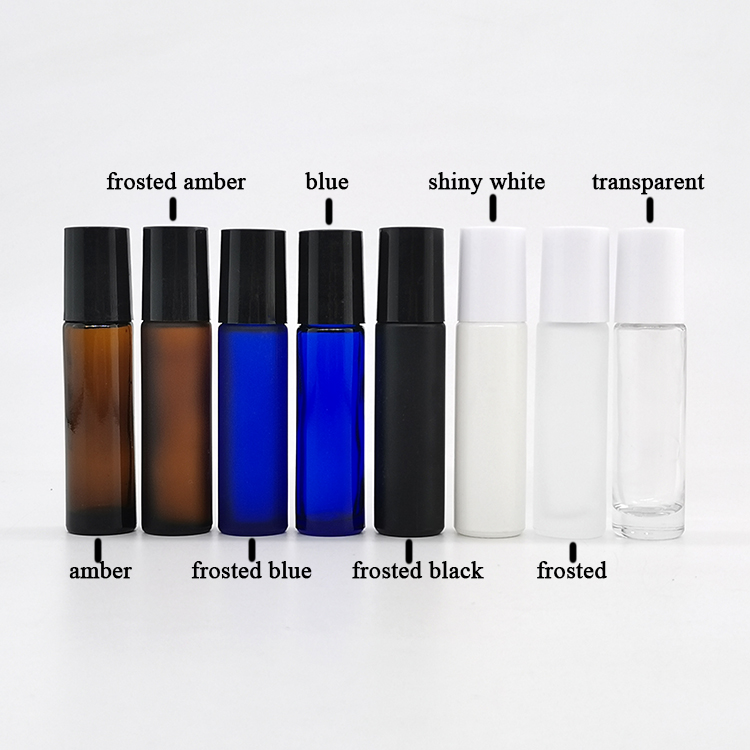 Low MOQ roll on bottles 10ml black amber blue clear roller bottle with stainless steel roller ball