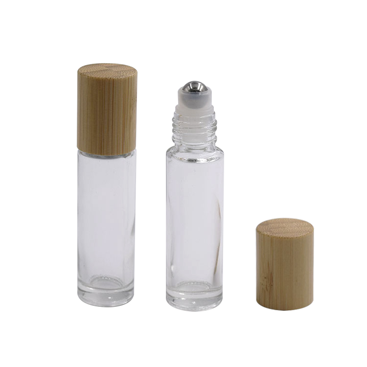 Low MOQ skin care 10ml 15ml clear glass roll bottle with bamboo lid in stock
