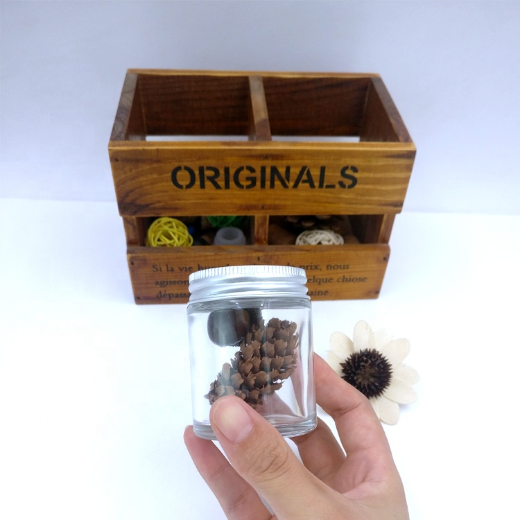 Low Profile 1oz 2oz 3oz 4oz straight side empty clear glass jar with metal aluminium cap for Cosmetics facial kush cbd oil herbs