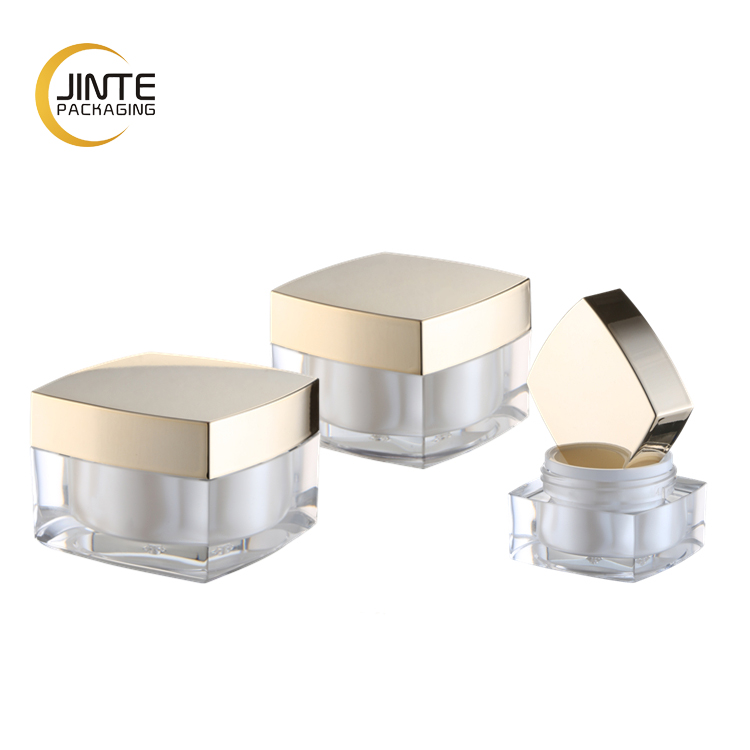 Low Profile Square Double Wall Essence Oil Cream Jar Plastic Acrylic Jar with Glossy Gold Cap