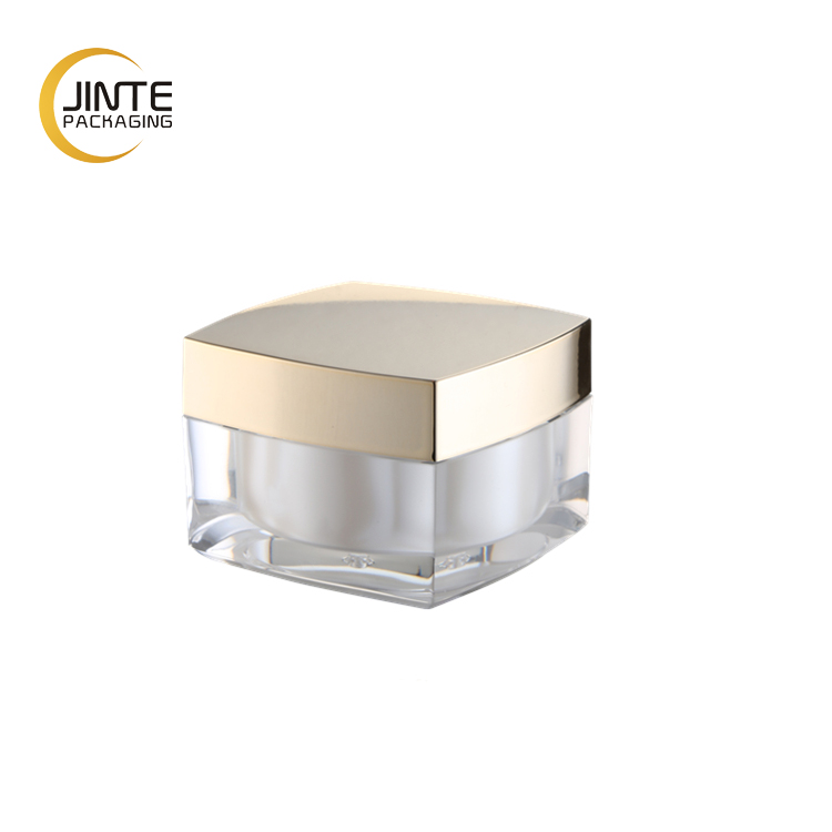 Low Profile Square Double Wall Essence Oil Cream Jar Plastic Acrylic Jar with Glossy Gold Cap