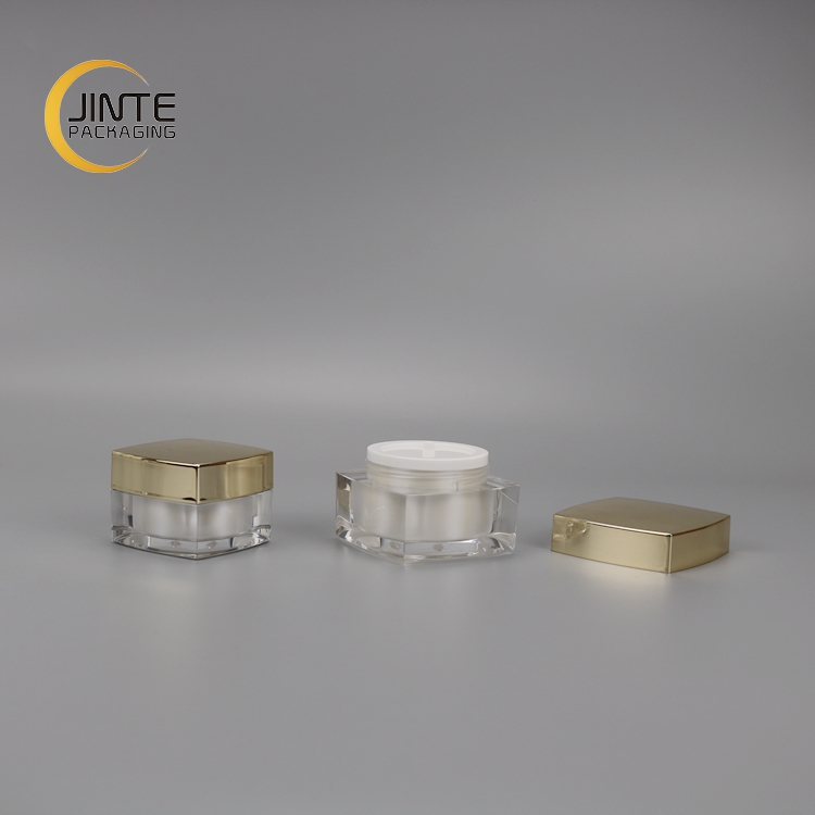 Low Profile Square Double Wall Essence Oil Cream Jar Plastic Acrylic Jar with Glossy Gold Cap