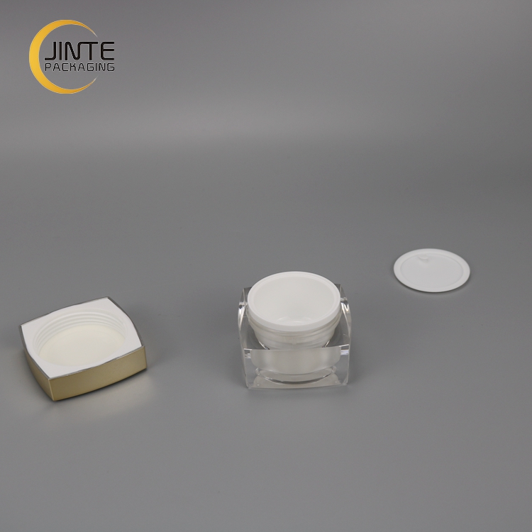 Low Profile Square Double Wall Essence Oil Cream Jar Plastic Acrylic Jar with Glossy Gold Cap