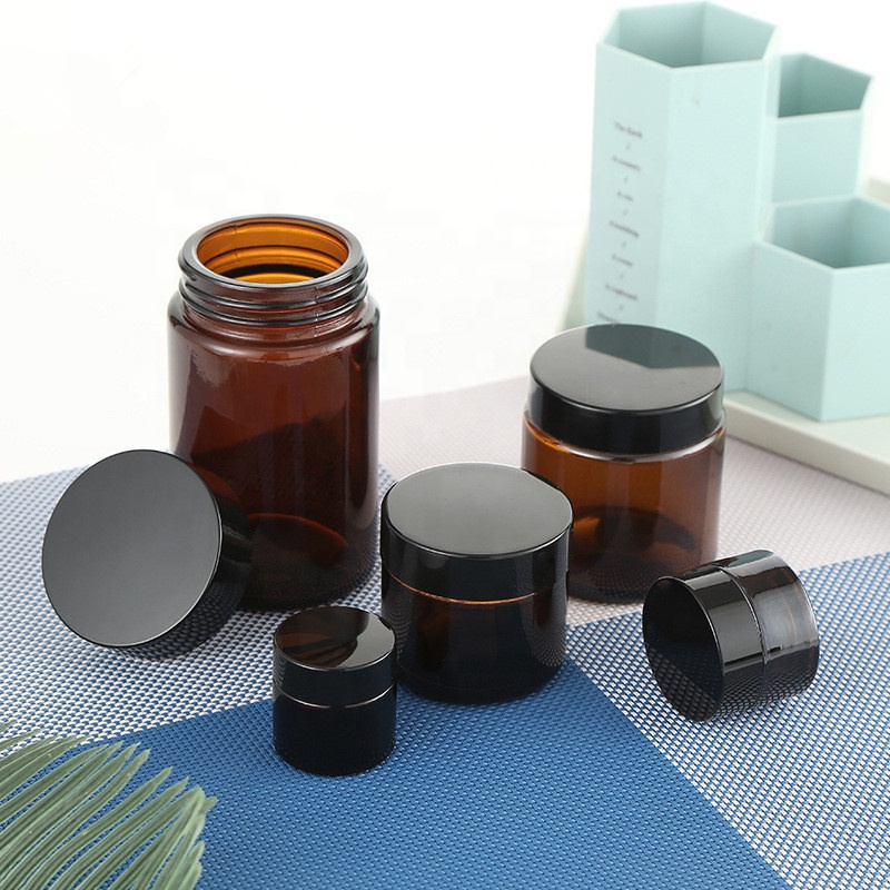 Low moq 50g brown glass face cream jar with lid cylinder airtight cosmetic packaging jar