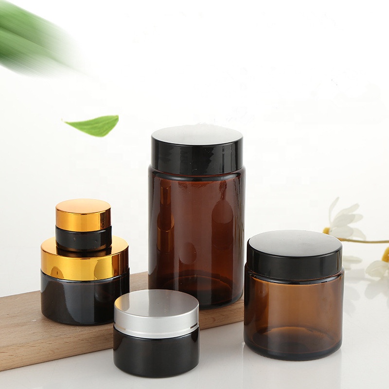 Low moq 50g brown glass face cream jar with lid cylinder airtight cosmetic packaging jar