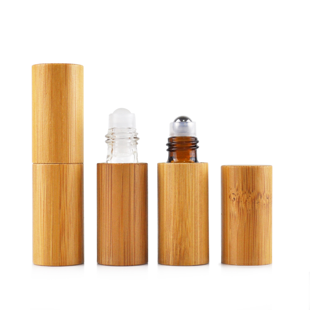 Low price environmental protection 10ml 5ml amber matte glass bottle with roller bamboo essential oil container