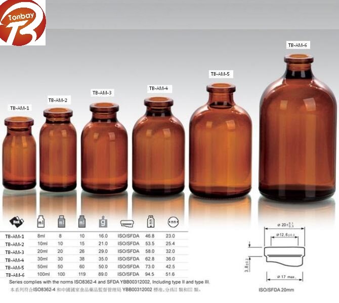 Low prices 20mm crimp amber moulded glass vials for antibiotics amber moulded injection glass bottles.