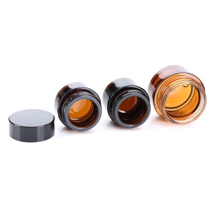 Low profile 10g 20g 30 50 60 100 ml 4 oz mini straight sided cosmetic container amber glass cream jar with black cap