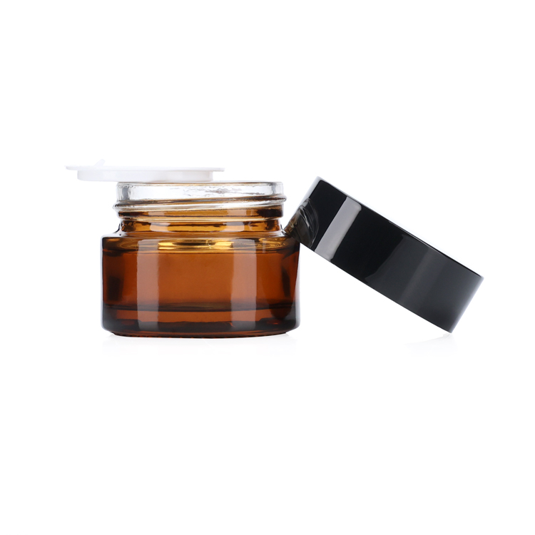 Low profile 10g 20g 30 50 60 100 ml 4 oz mini straight sided cosmetic container amber glass cream jar with black cap