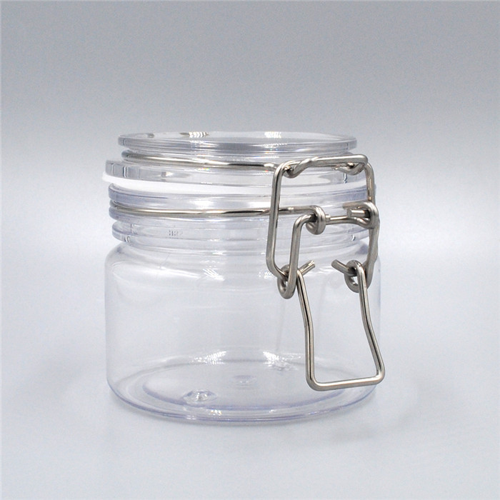 Low quantity pet plastic 200ml mud bath salt packing jar matte clip top jar wire bail jar