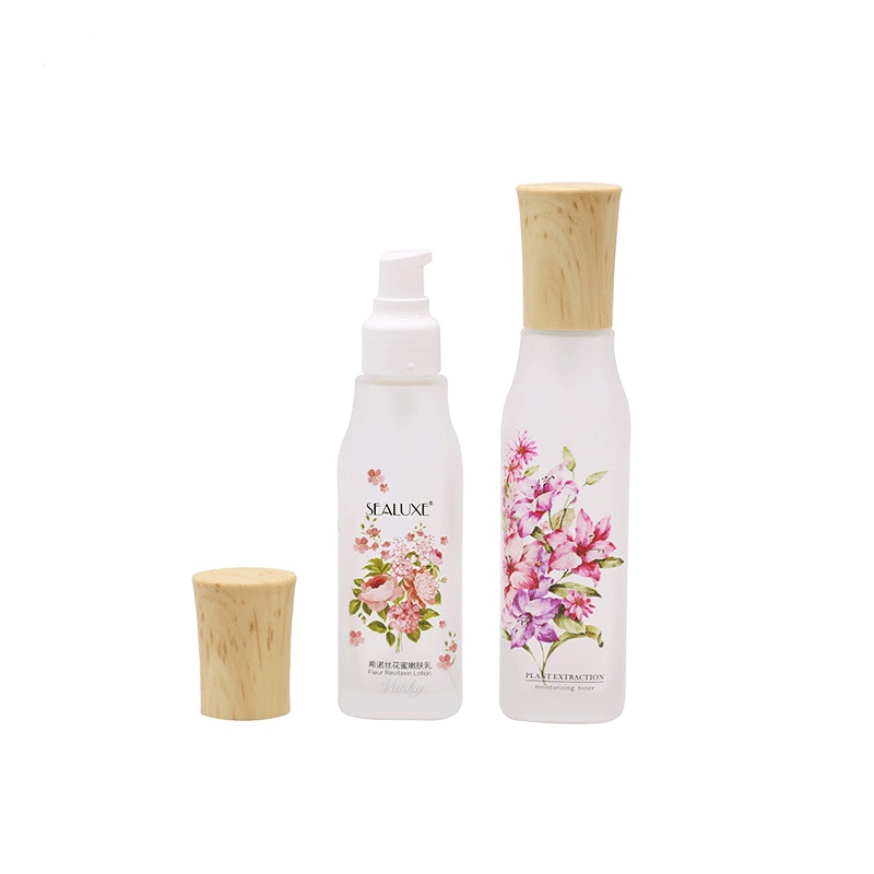 Lux Cosmetic packaging whole set frosted glass bottle with wooden look plastic lid