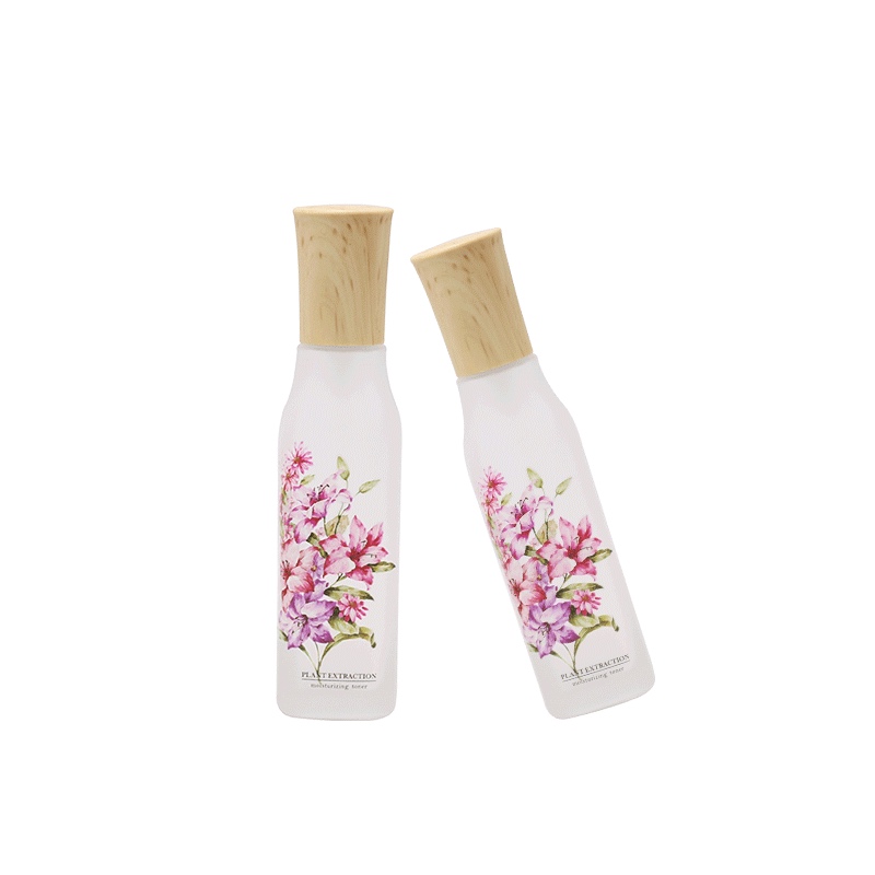 Lux Cosmetic packaging whole set frosted glass bottle with wooden look plastic lid