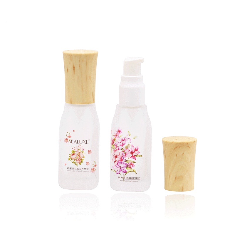 Lux Cosmetic packaging whole set frosted glass bottle with wooden look plastic lid