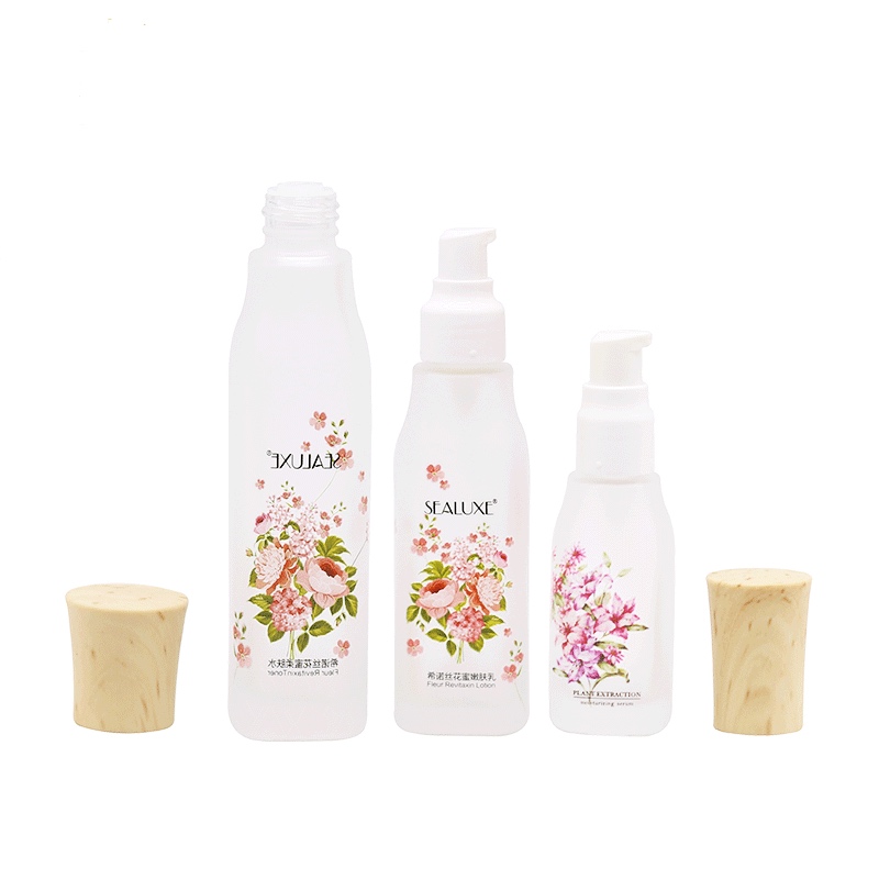 Lux Cosmetic packaging whole set frosted glass bottle with wooden look plastic lid