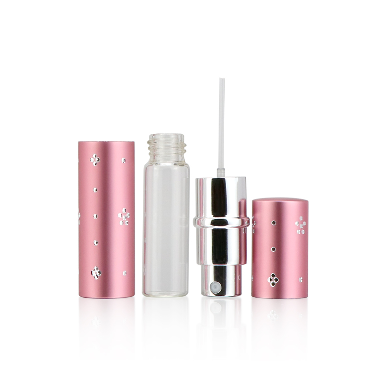 Luxuey 5ml 10ml round makeup aluminum spray packaging cosmetic samples purfume bottle glass perfume with pump