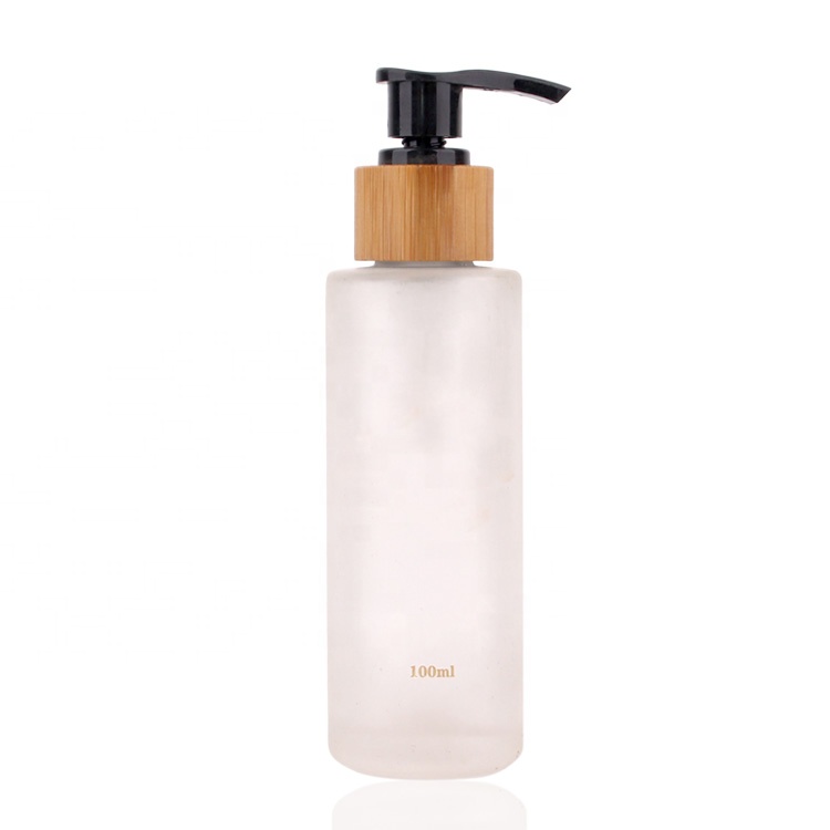 Luxury 100ml Cylindrical empty frosted glass lotion pump bottle with black pump