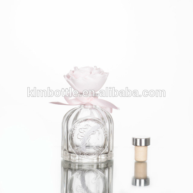 Luxury 100ml birdcage shape embossed glass aroma reed diffuser bottle with cork