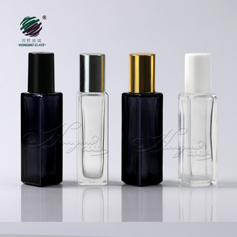 Luxury 10ml 10 ml 1/3 oz clear black square roll on perfume glass bottle with metal roller for essential oil