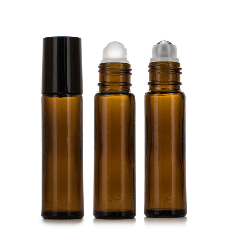 Luxury 10ml 15 ml clear amber round roll on perfume glass bottle with metal roller for essential oil