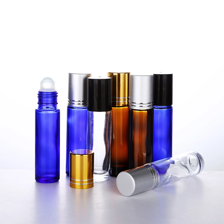 Luxury 10ml 15 ml clear amber round roll on perfume glass bottle with metal roller for essential oil