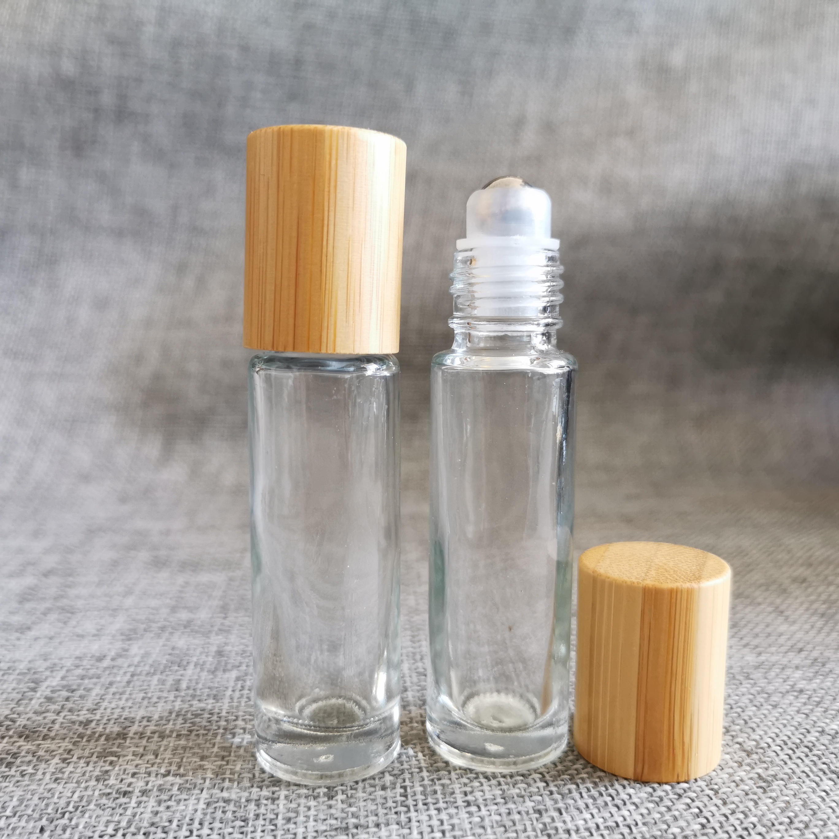 Luxury 10ml Clear Glass Roller Bottle with Bamboo Lid and Steel Roller Ball