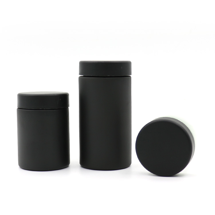 Luxury 120ml matte black cylinder cream child resistant glass jar with plastic screw lid