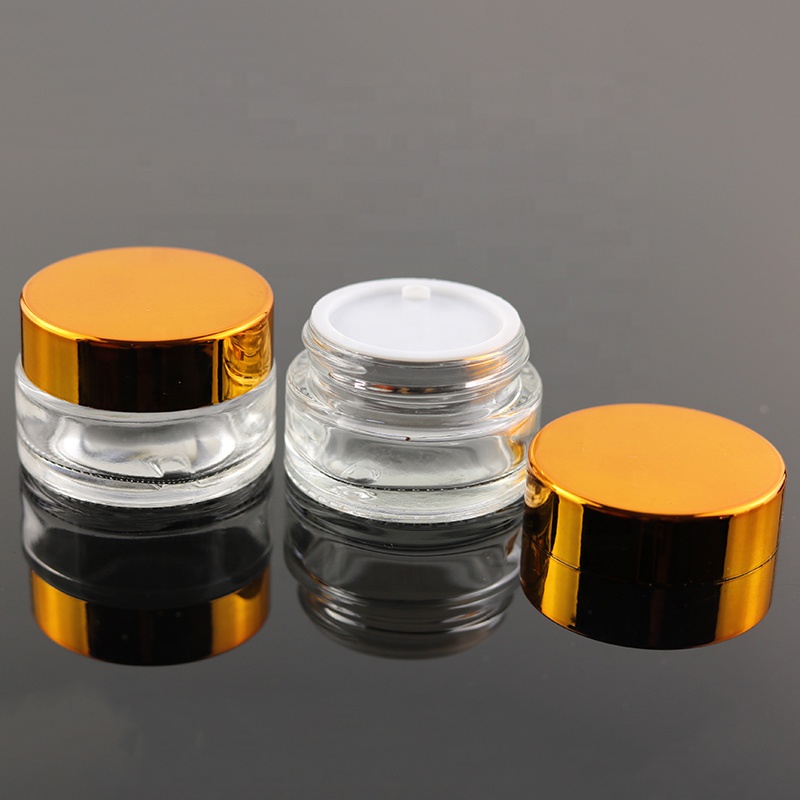 Luxury 15g 15 ml Mini Clear Eye Cream Empty Round Glass Jar Cosmetic Packaging Pomade Container With UV Gold Lid (GJM04)