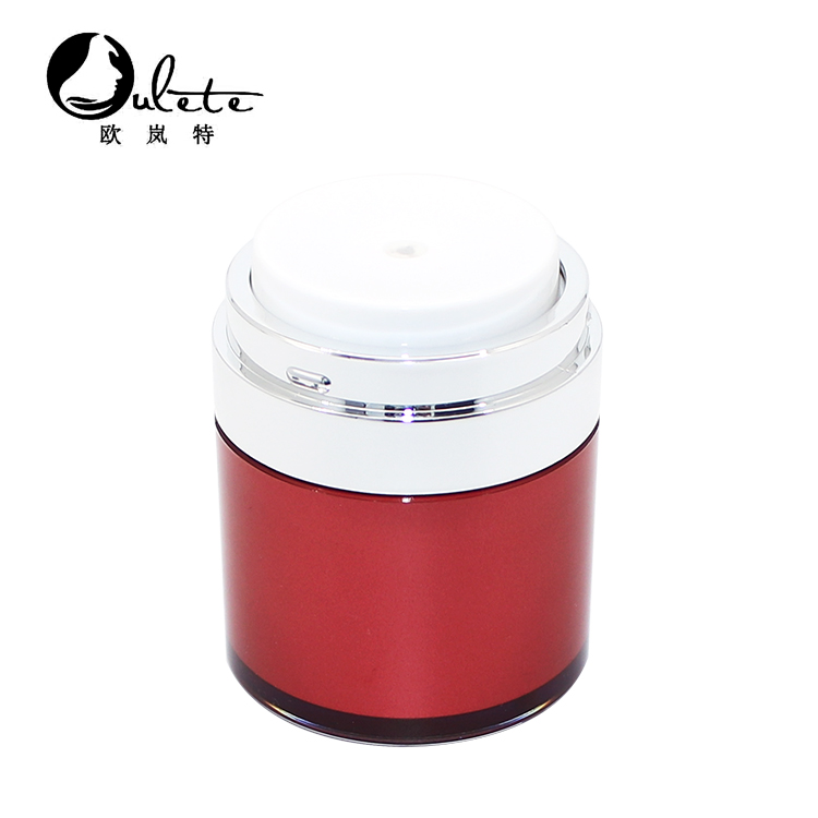 Luxury 15g 30g 50g Red Personal Care Cream Airless Jar Refillable Injection Cosmetic Airless Pump Jar with silver Clear Cap