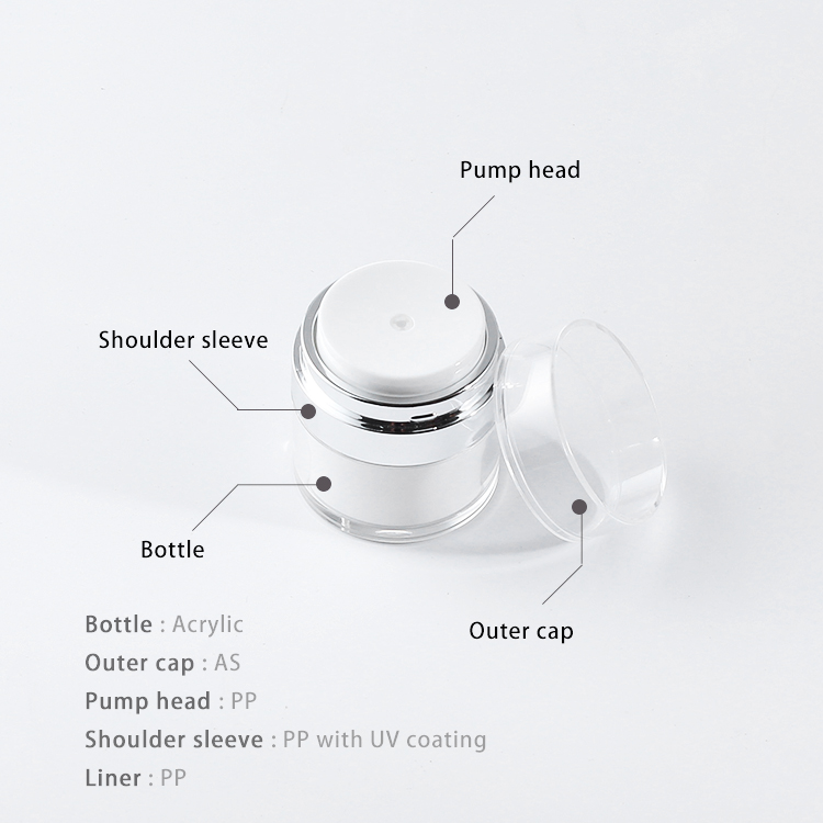 Luxury 15g 30g 50g press airless acrylic cream pump container jars for cosmetics personal care lotion packaging