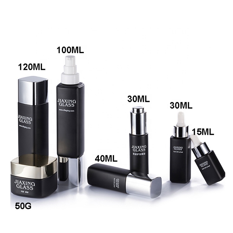Luxury 15ml 30ml 40ml 100ml empty square black cosmetic face lotion cream glass bottle jar package set with spray pump
