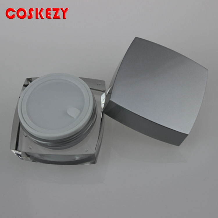 Luxury 15ml silver cream cosmetic square jar, Plastic acrylic jars and silver lids cosmetic packaging