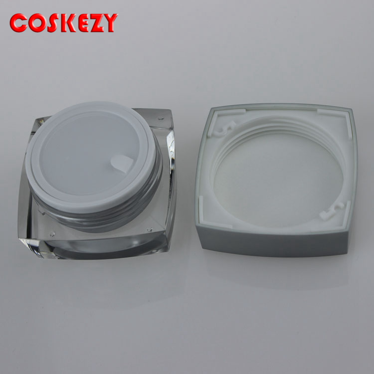 Luxury 15ml silver cream cosmetic square jar, Plastic acrylic jars and silver lids cosmetic packaging