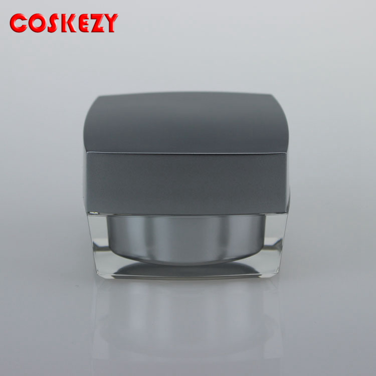 Luxury 15ml silver cream cosmetic square jar, Plastic acrylic jars and silver lids cosmetic packaging