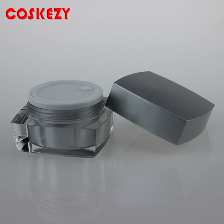 Luxury 15ml silver cream cosmetic square jar, Plastic acrylic jars and silver lids cosmetic packaging