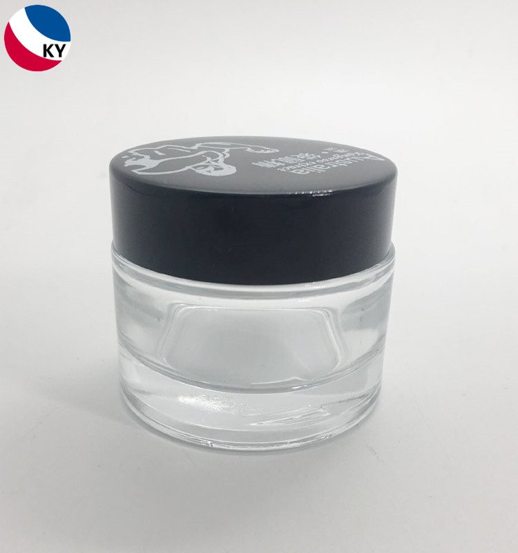 Luxury 1oz Face Eye Cream Jar Custom Printing Logo Clear Thick Bottom 30ml Glass Jar With Black Aluminum Cap
