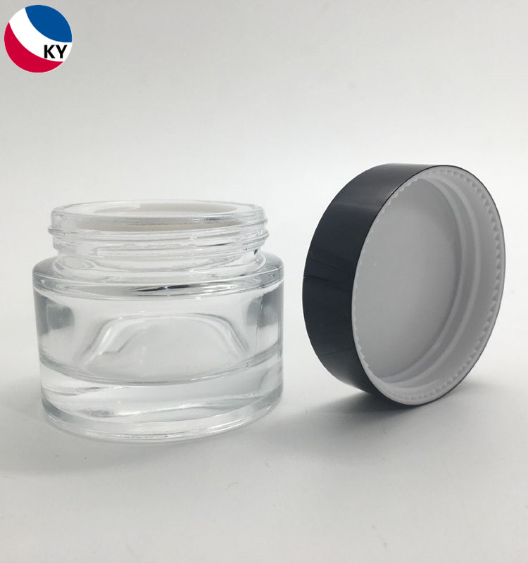 Luxury 1oz Face Eye Cream Jar Custom Printing Logo Clear Thick Bottom 30ml Glass Jar With Black Aluminum Cap