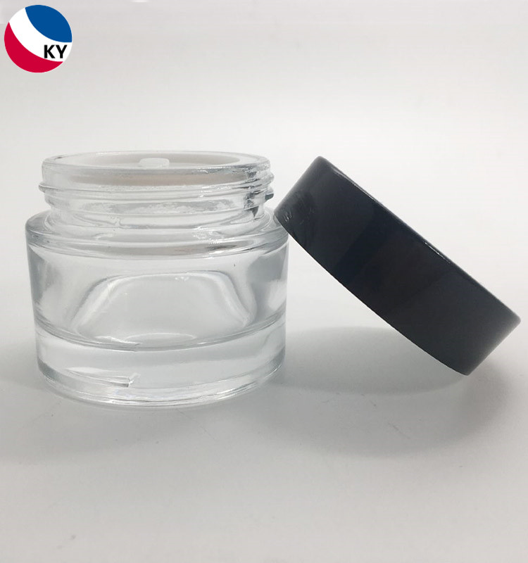 Luxury 1oz Face Eye Cream Jar Custom Printing Logo Clear Thick Bottom 30ml Glass Jar With Black Aluminum Cap