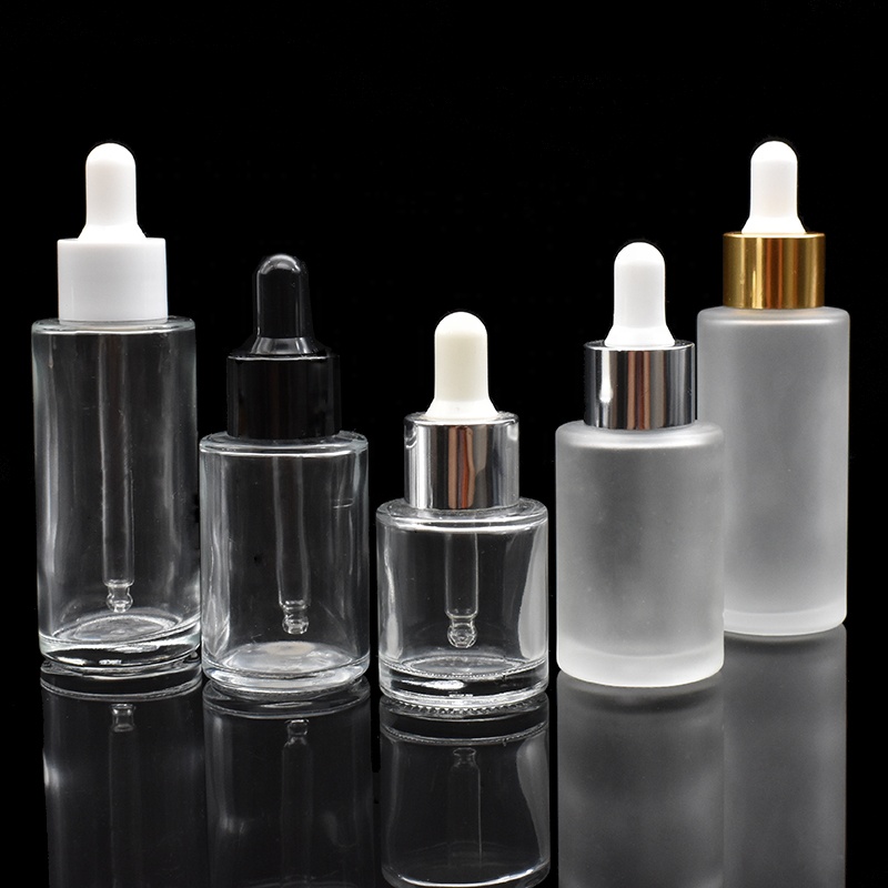 Luxury 20ml 30ml 50ml cosmetic skincare packaging flat shoulder glass lotion bottle with dropper cap