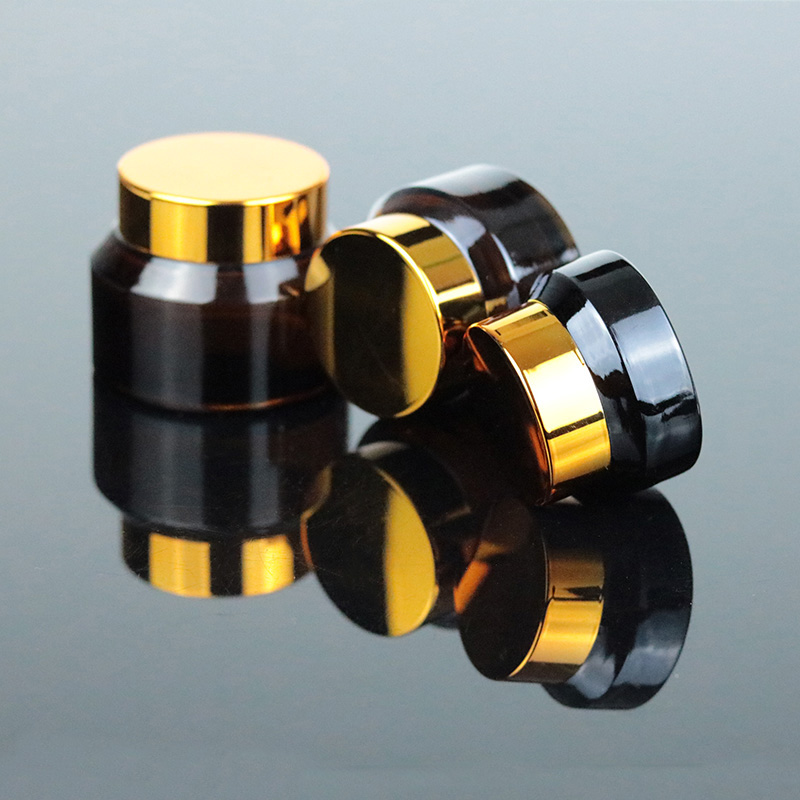 Luxury 30 ml 1oz Amber Round Container Packaging Cream Empty Cosmetic Glass Jar With Gold Lid (GJM46)